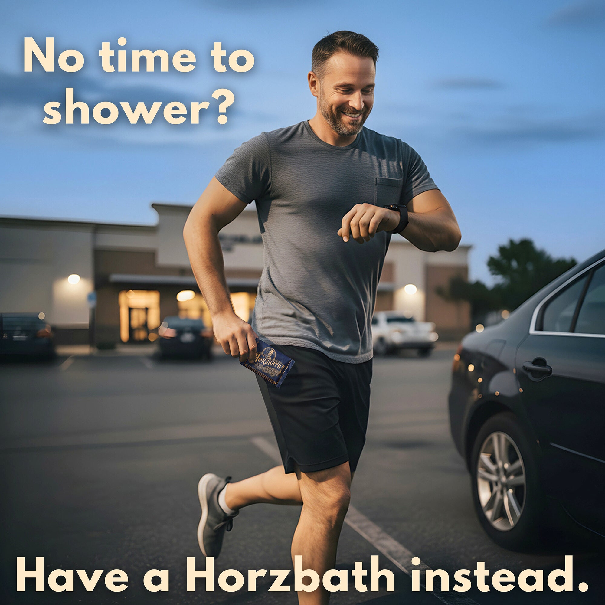 Man running our of gym. No time to shower? Have a Horzbath Wipe instead.